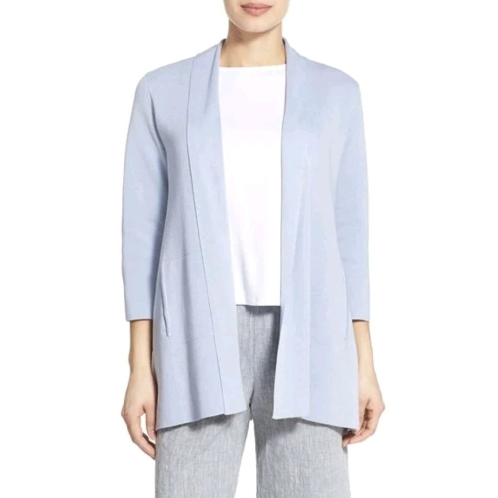 New Eileen Fisher Silk/Organic Cotton Interlock‎ Knit Cardigan Blue Open Front